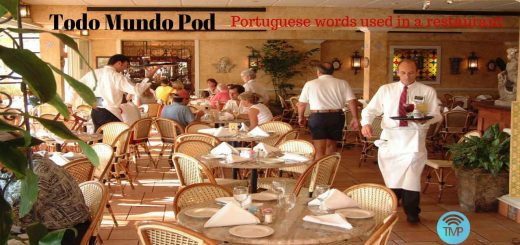 Picture with employees carrying trays and saying Portuguese words used in a restaurant